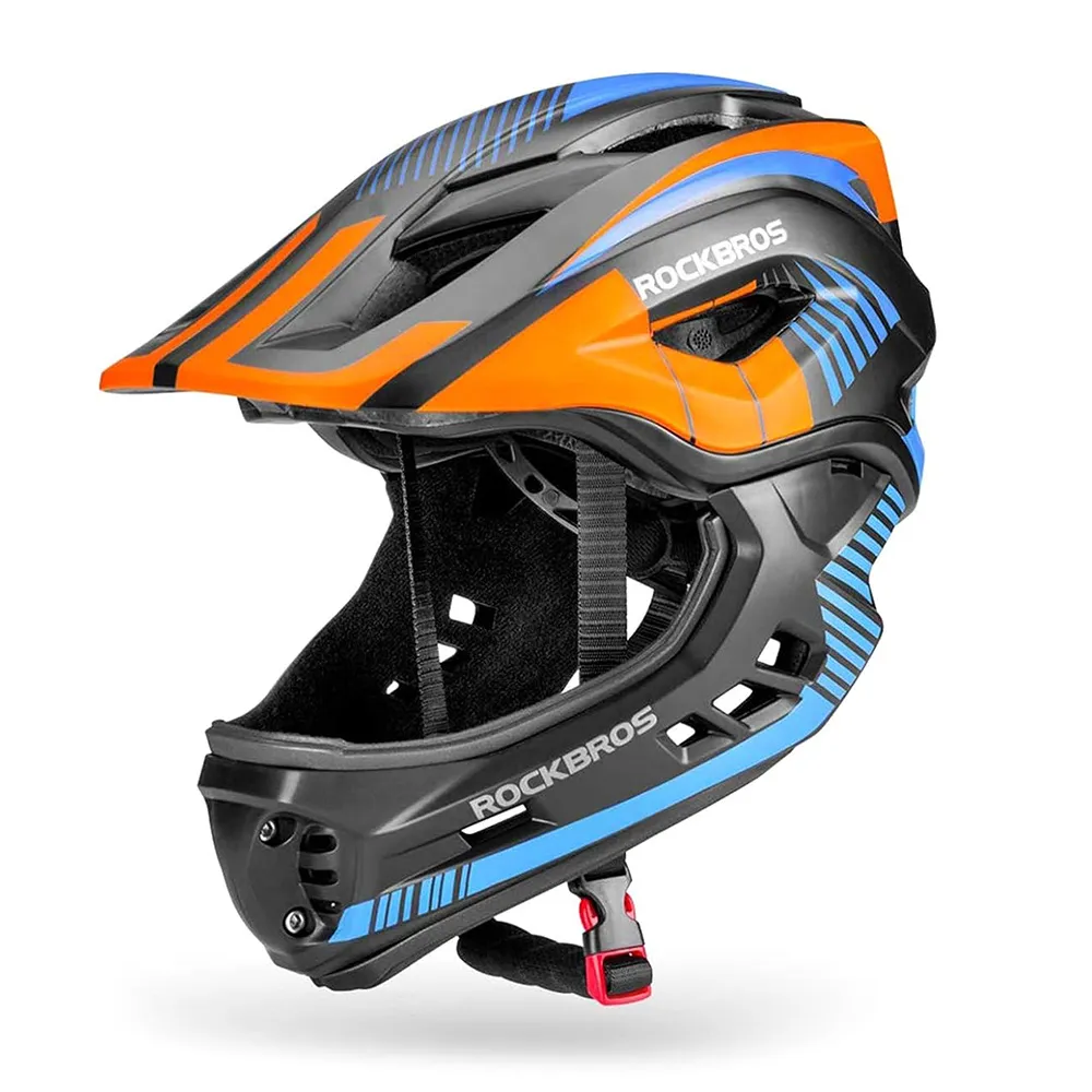 Kask rowerowy dziecięcy z odpinaną szczęką rozmiar S - czarno-pomarańczowy