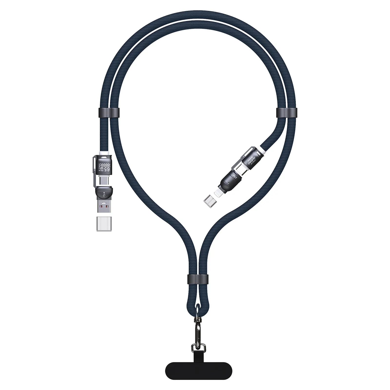 Kabel przewód ze smyczą 4w1 USB-C z adapterami iPhone Lightning USB-A - niebieski