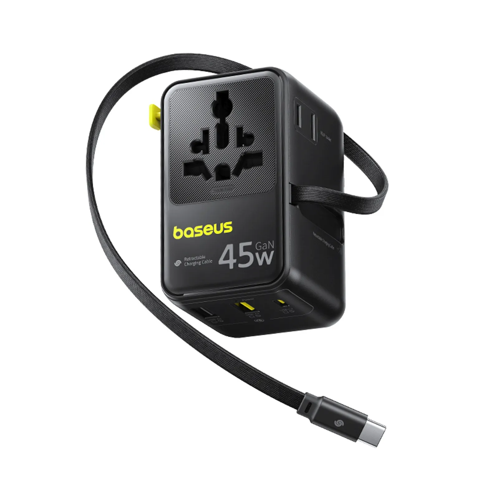 Adapter podróżny 6w1 ze zwijanym kablem USB-C 45W - czarny