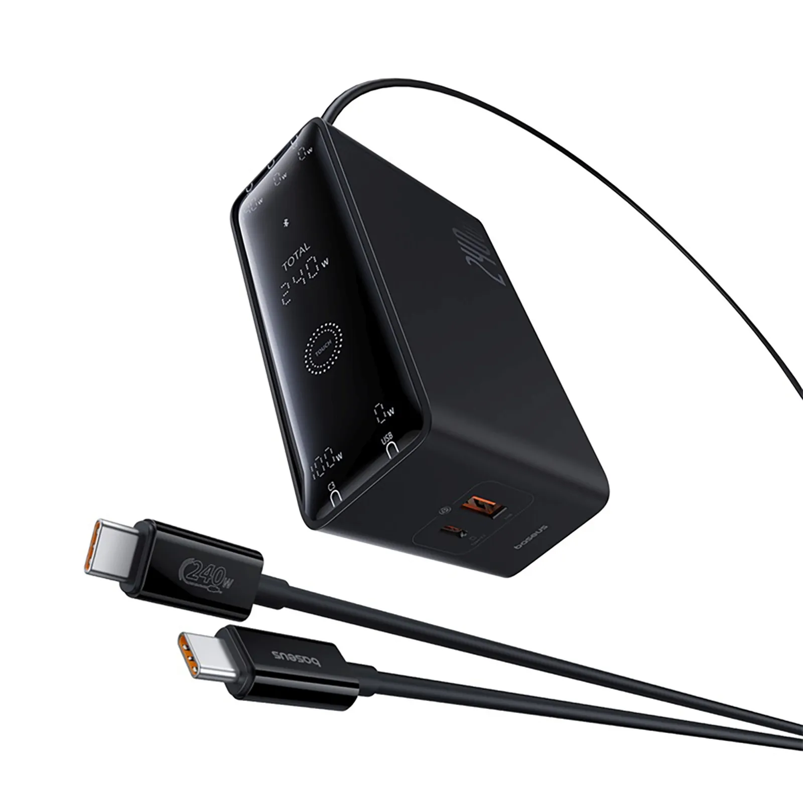 Ładowarka sieciowa USB-A USB-C GaN 240W z kablem zasilającym - czarna