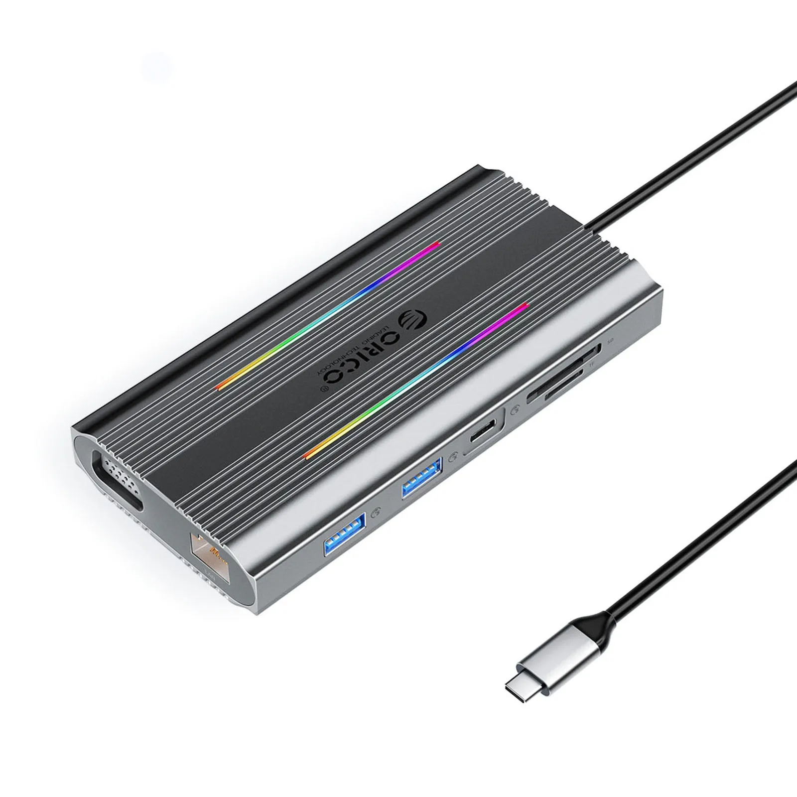 Stacja dokująca HUB 12w1 USB-C - USB-A USB-C HDMI VGA RJ45 SD PD 100W 4K 1000Mbps RGB - szara