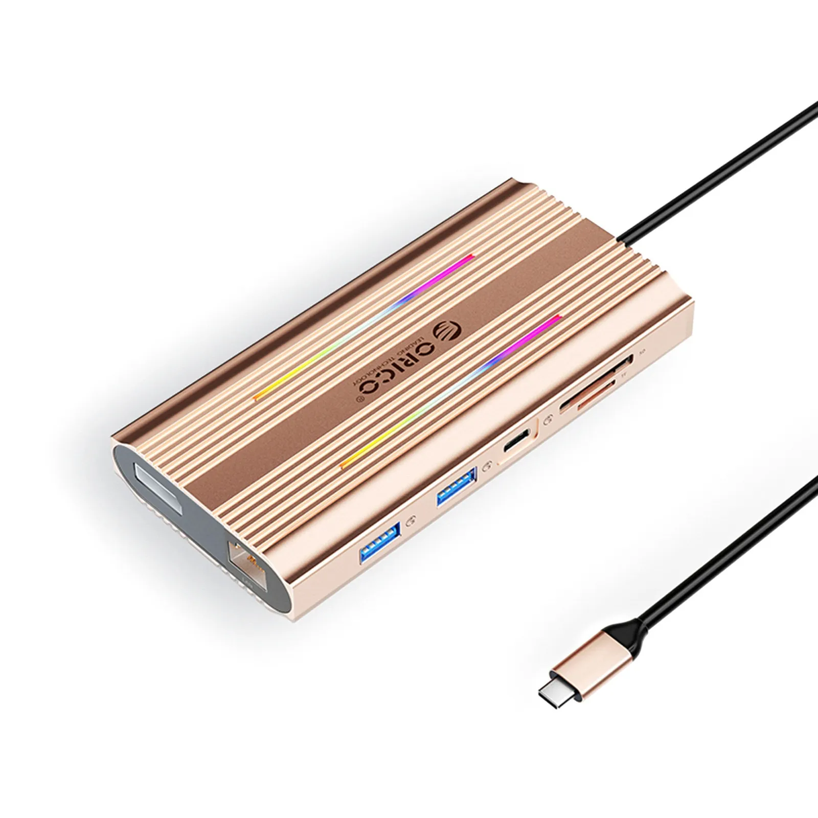 HUB 12w1 USB-C - USB-A USB-C HDMI DisplayPort RJ45 SD/microSD 4K PD 100 W RGB - różowo złoty