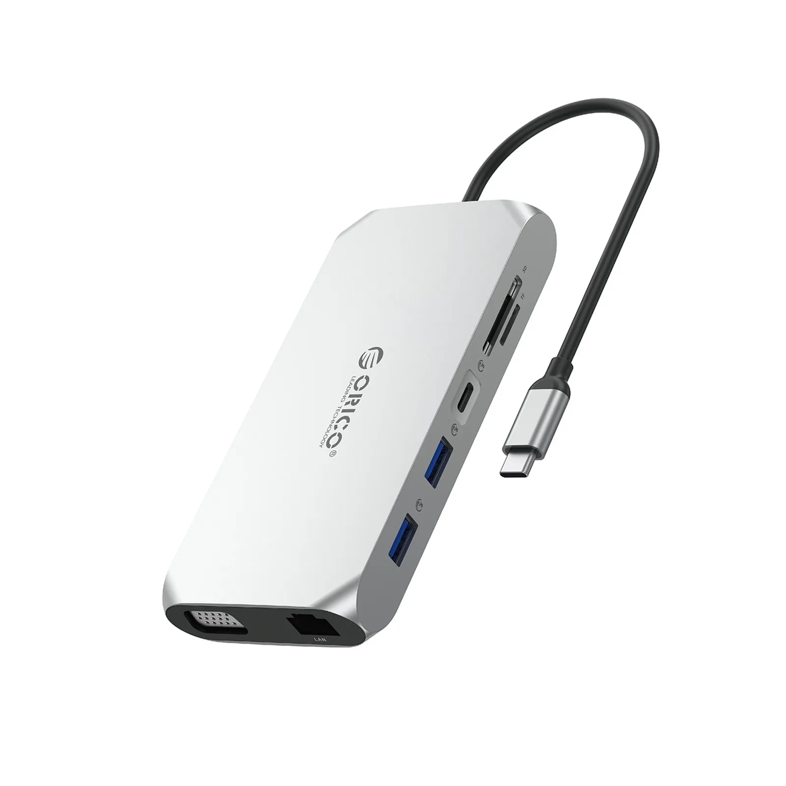 Adapter HUB 12w1 USB-C - USB-A USB-C HDMI VGA SD/microSD RJ45 mini jack PD 100W 4K - srebrny