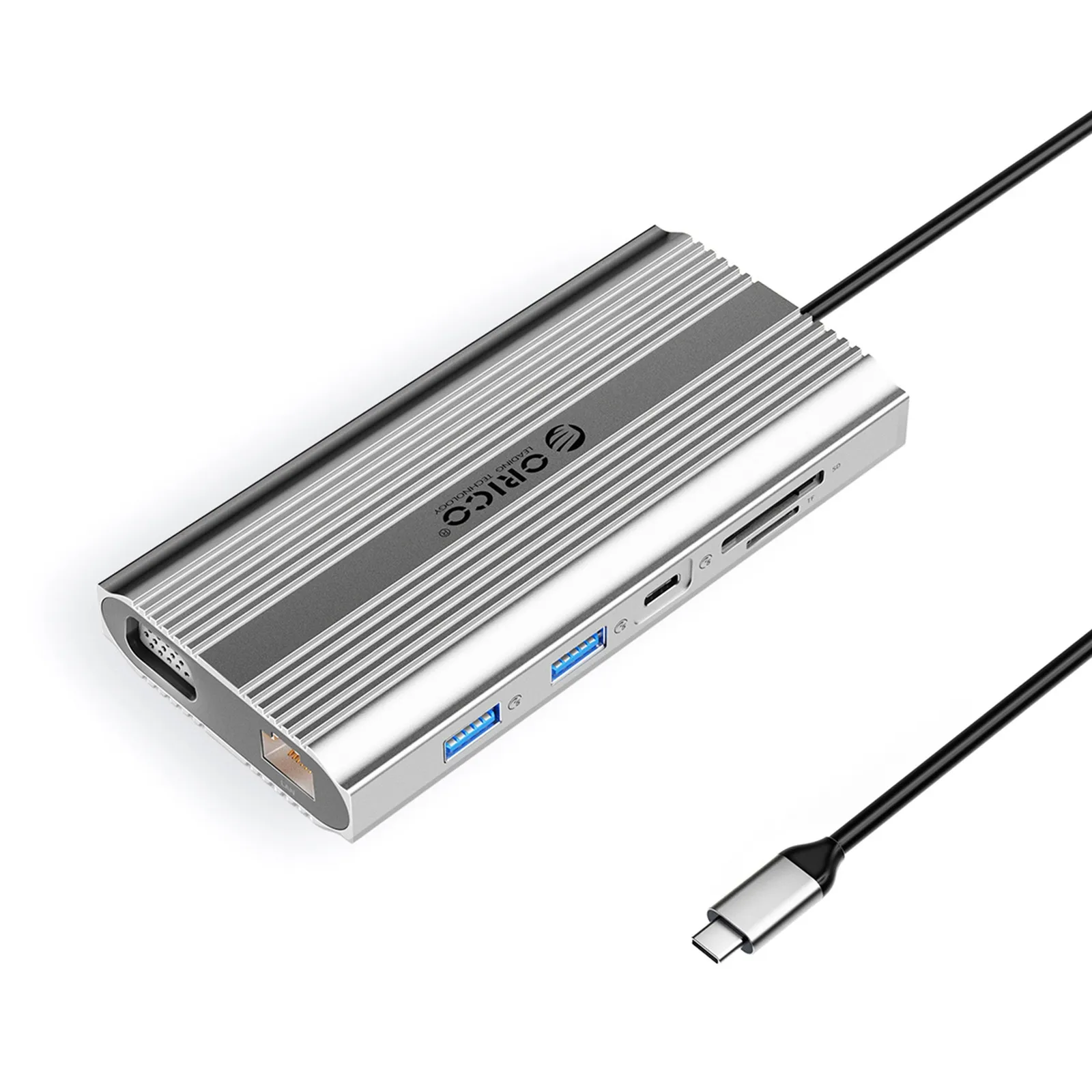 Stacja dokująca 12w1 USB-C - USB-A USB-C HDMI VGA RJ45 SD microSD PD 100W - srebrna